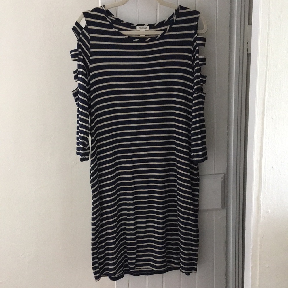 Navy off white striped dress with cut out sleeves